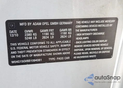 2011 Buick Regal Cxl Turbo Russelsheim из США, поврежденный, VIN W04G15GV8B1094081